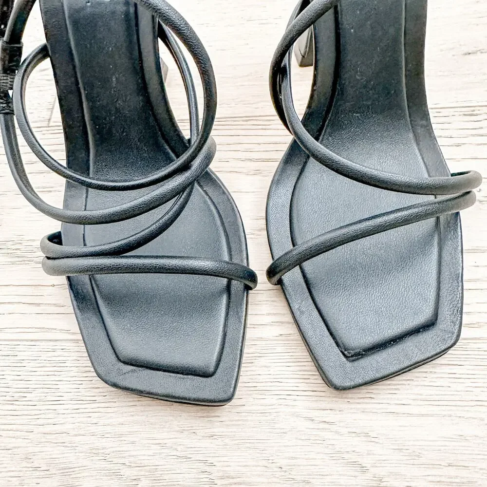 Schutz Lovi Strappy Leather Heel Sandals Black 9.5B Minimal 90s Party Glam Luxe‎ - Picture 7 of 11